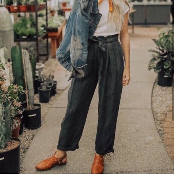 Free People Only Over You Linen Crop Ankle Pant Charcoal Gray - Picture 2 of 13